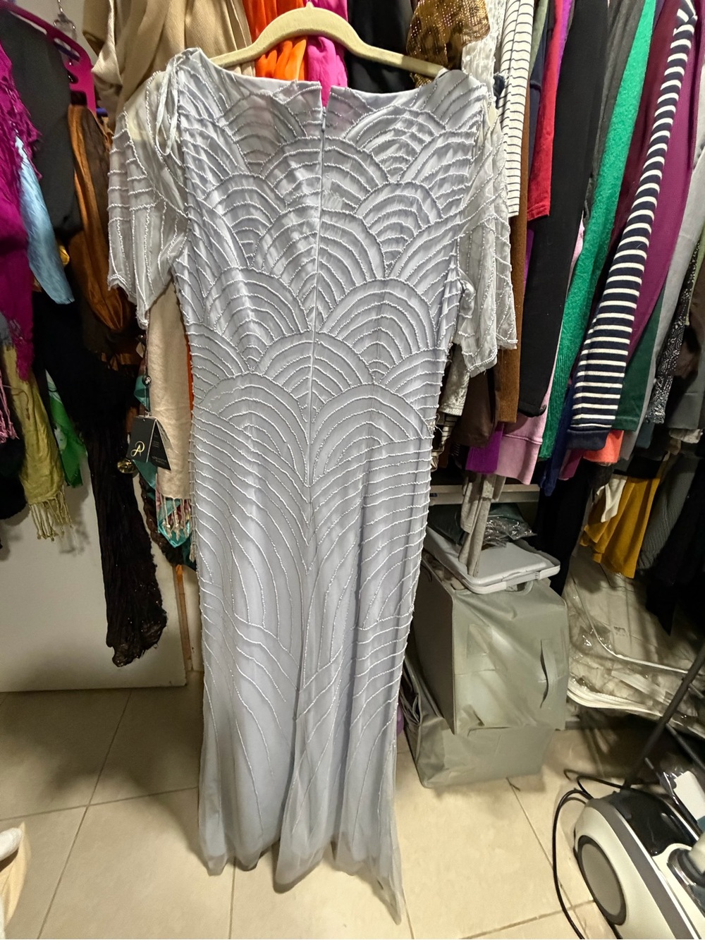 Adrianna Papell Silver-Gray Beaded Long Sleeve Gown